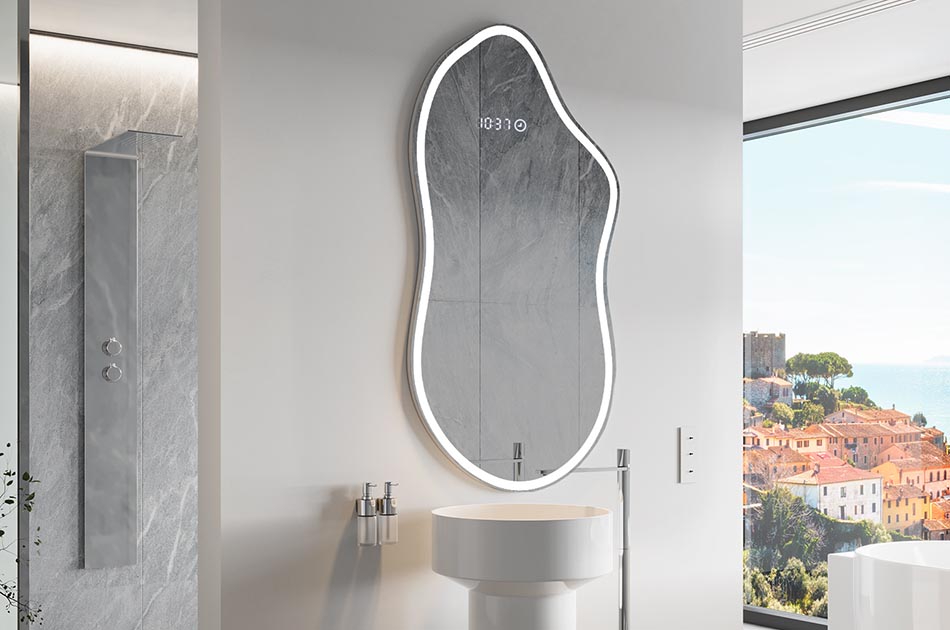 Epäsäännöllisen muotoinen peili, jossa on pehmeä valaistus tyylikkäisiin sisätiloihin | ARTFORMA