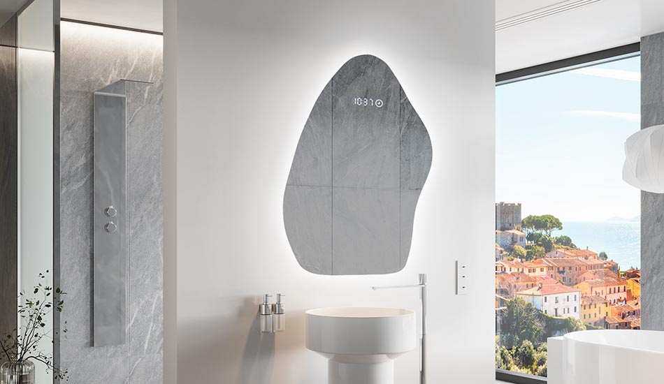 Epäsäännöllisen muotoinen peili, jossa on pehmeä valaistus tyylikkäisiin sisätiloihin | ARTFORMA