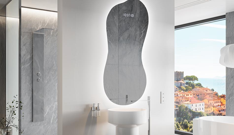 Epäsäännöllisen muotoinen peili, jossa on pehmeä valaistus tyylikkäisiin sisätiloihin | ARTFORMA