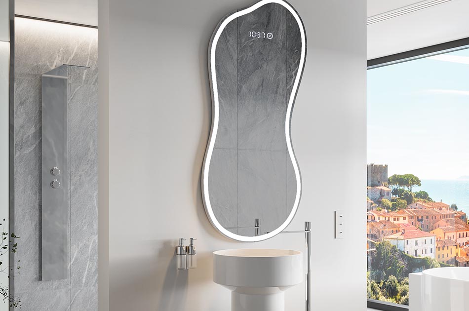 Epäsäännöllisen muotoinen peili, jossa on pehmeä valaistus tyylikkäisiin sisätiloihin | ARTFORMA