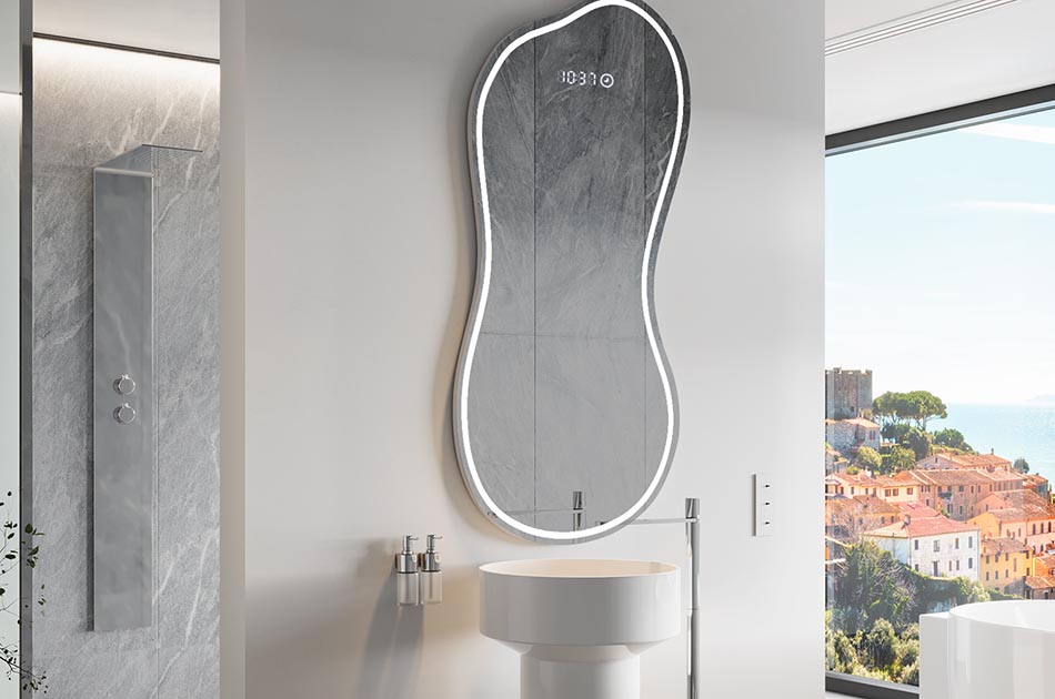 Epäsäännöllisen muotoinen peili, jossa on pehmeä valaistus tyylikkäisiin sisätiloihin | ARTFORMA