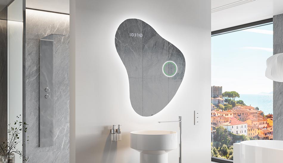 Epäsäännöllisen muotoinen peili, jossa on pehmeä valaistus tyylikkäisiin sisätiloihin | ARTFORMA