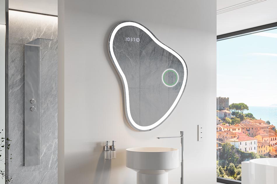 Epäsäännöllisen muotoinen peili, jossa on pehmeä valaistus tyylikkäisiin sisätiloihin | ARTFORMA