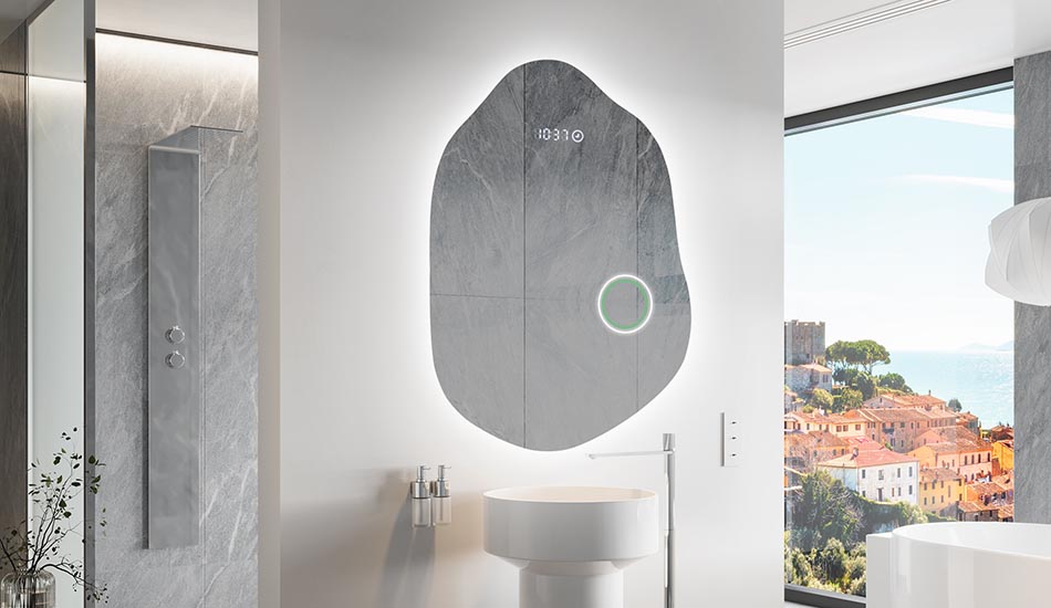 Epäsäännöllisen muotoinen peili, jossa on pehmeä valaistus tyylikkäisiin sisätiloihin | ARTFORMA