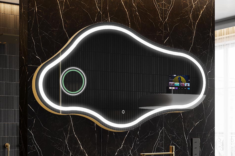 Epäsäännöllinen LED-peili, jossa on säänäyttö ja kosketusnäyttö | ARTFORMA