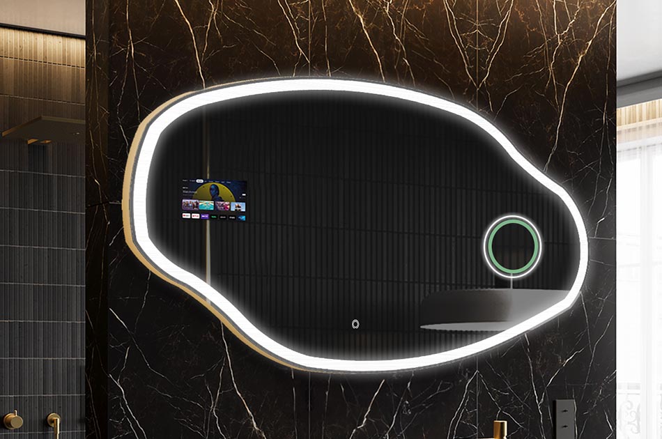 Epäsäännöllinen LED-peili, jossa on säänäyttö ja kosketusnäyttö | ARTFORMA