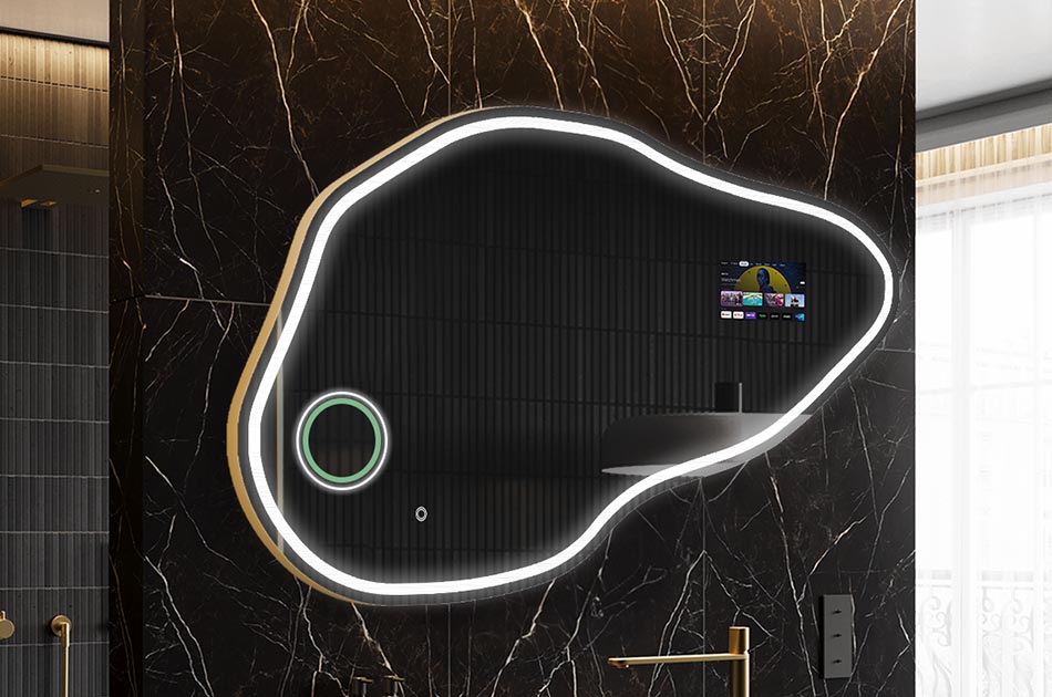 Epäsäännöllinen LED-peili, jossa on säänäyttö ja kosketusnäyttö | ARTFORMA