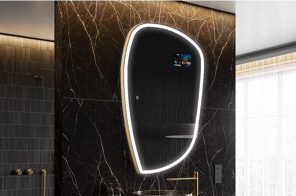 Epäsäännöllinen LED-peili, jossa on säänäyttö ja kosketusnäyttö | ARTFORMA