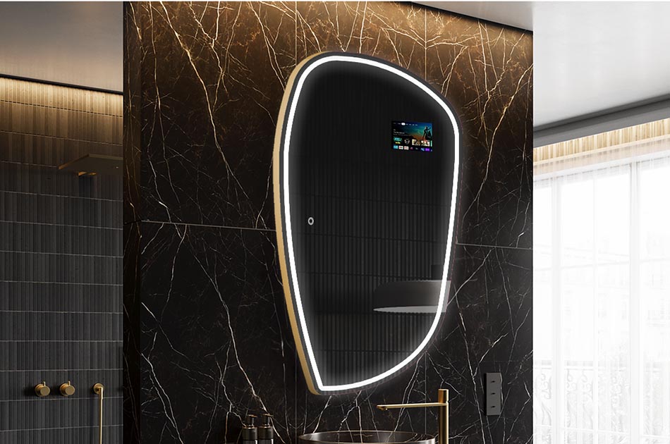 Epäsäännöllinen LED-peili, jossa on säänäyttö ja kosketusnäyttö | ARTFORMA
