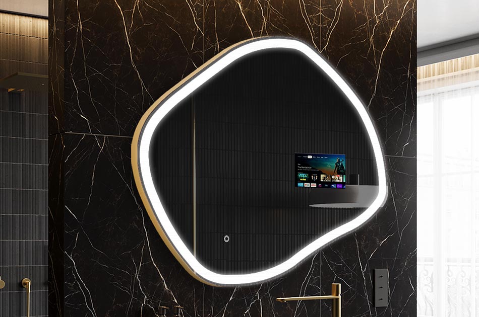 Epäsäännöllinen LED-peili, jossa on säänäyttö ja kosketusnäyttö | ARTFORMA