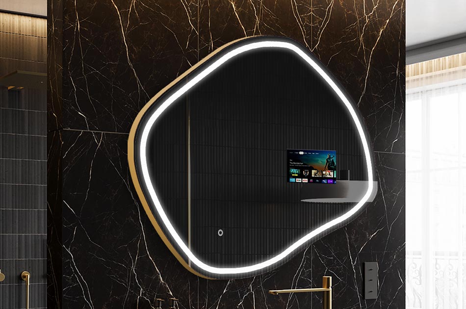 Epäsäännöllinen LED-peili, jossa on säänäyttö ja kosketusnäyttö | ARTFORMA