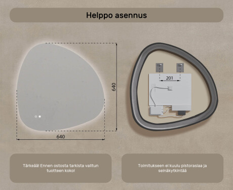 Epäsäännöllinen peili valaistuksella, kaksivärinen, kosketuskytkin, lämmitysmatto #8