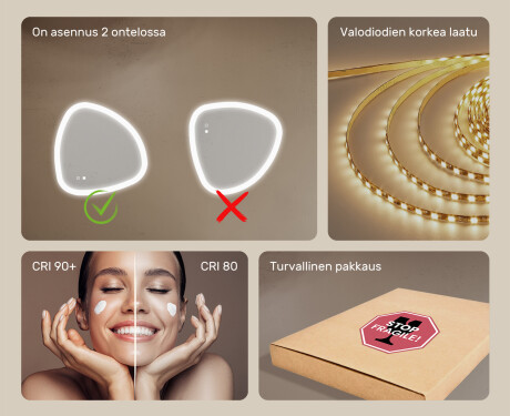 Epäsäännöllinen peili valaistuksella, kaksivärinen, kosketuskytkin, lämmitysmatto #6