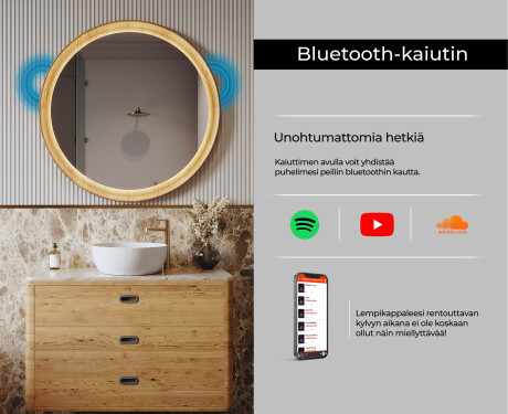 Pyöreä LED-peili tammenkehyksessä #7