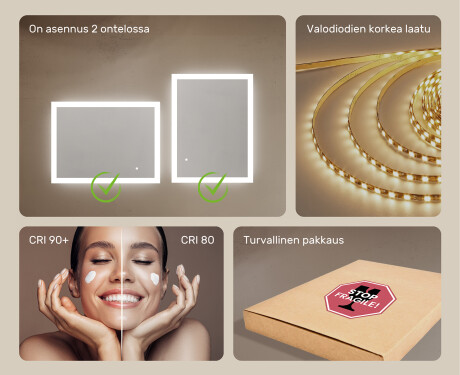 Suorakulmainen kylpyhuoneen peili LED-valaistuksella 80x60 cm kanssa Dual color, Kosketuskytkin #5