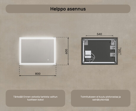 Suorakulmainen kylpyhuoneen peili LED-valaistuksella 80x60 cm kanssa Dual color, Kosketuskytkin #7