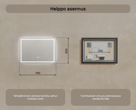 Kylpyhuoneen Peili Led-valoilla 70x50cm kanssa Dual color, Kosketuskytkin, Lämmitysmatto - L49 #8
