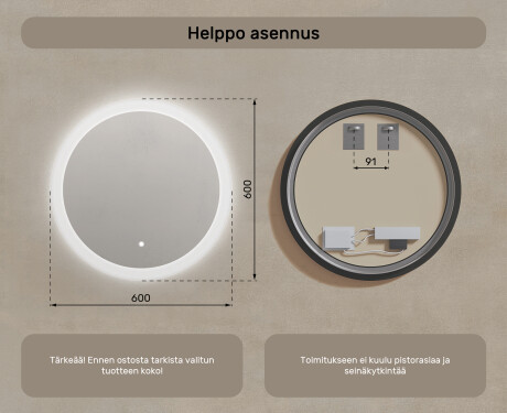 Pyöreä LED-valaistu kylpyhuoneen peili 60 cm kanssa Dual color, Kosketuskytkin #7