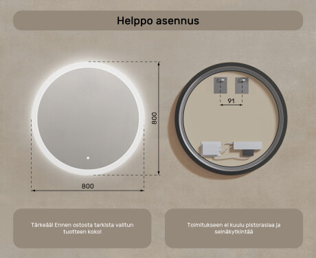 Pyöreä kylpyhuoneen peili LED-valaistuksella 80 cm kanssa Dual color, Kosketuskytkin #7