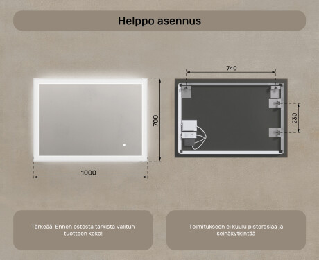 Suorakulmainen LED-valaistu kylpyhuoneen peili 100x70 cm kanssa Dual color, Kosketuskytkin #7