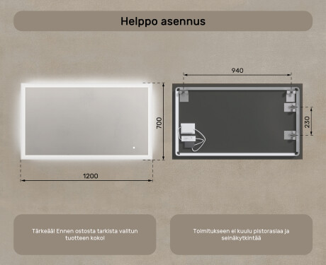 Suorakulmainen kylpyhuoneen peili LED-valaistuksella 120x70 cm kanssa Dual color, Kosketuskytkin #7