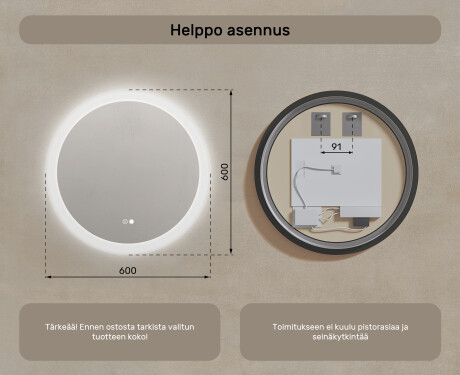 Pyöreät kylpyhuoneen peilit LED-valaistuksella 60 cm kanssa Dual color, Kosketuskytkin, Lämmitysmatto #8