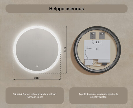 Pyöreä kylpyhuoneen peili LED-valaistuksella 80 cm kanssa Dual color, Kosketuskytkin, Lämmitysmatto #8