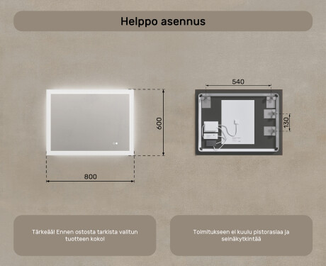 Suorakulmainen LED-kylpyhuoneen peili 80x60 cm kanssa Dual color, Kosketuskytkin, Lämmitysmatto #8