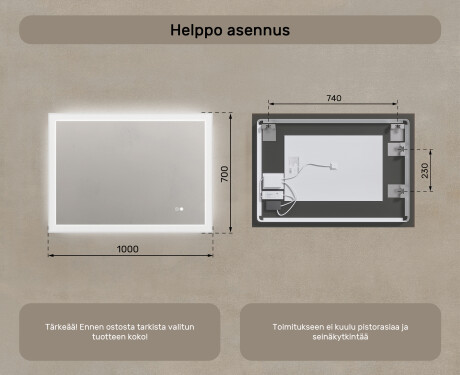 Suorakulmainen kylpyhuoneen peili LED-valaistuksella 100x70 cm kanssa Dual color, Kosketuskytkin, Lämmitysmatto #8