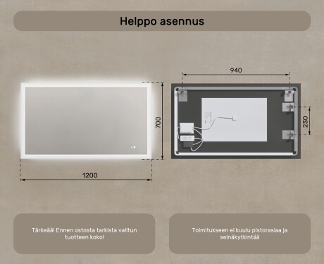 Suorakulmainen LED-valaistu kylpyhuoneen peili 120x70 cm kanssa Dual color, Kosketuskytkin, Lämmitysmatto #8