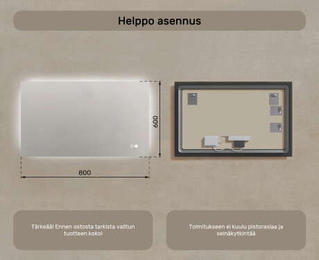 Suorakulmainen LED-kylpyhuonepeili 80x60/60x80 cm, kaksivärinen, kosketuskytkin, lämmitysmatto #7
