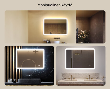 Pyöristetty kylpyhuonepeili LED‑valaistuksella, 100×70 cm, kaksivärinen, kosketuskytkin, lämmitysmatto #2