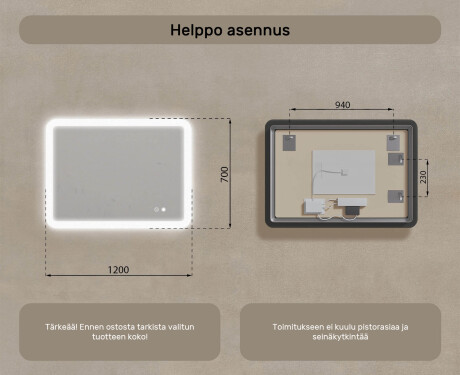 Pyöristetty kylpyhuonepeili LED‑valaistuksella, 120×70 cm, kaksivärinen, kosketuskytkin, lämmitysmatto #8