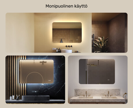 Pyöristetty kylpyhuonepeili LED‑valaistuksella, 100×70 cm, kaksivärinen, kosketuskytkin, lämmitysmatto #2