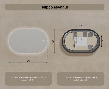 Soikea LED-peili 80x50/50x80 cm, kaksivärinen, kosketuskytkin, lämmitysmatto #8