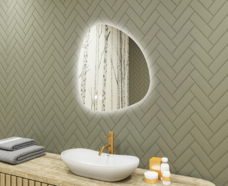 Epäsäännöllinen peili valaistuksella, 64×64 cm, kaksivärinen, kosketuskytkin, lämmitysmatto