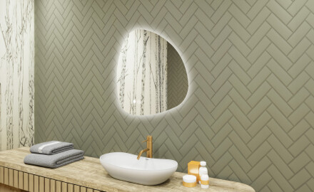 Epäsäännöllinen peili valaistuksella, 64×64 cm, kaksivärinen, kosketuskytkin, lämmitysmatto