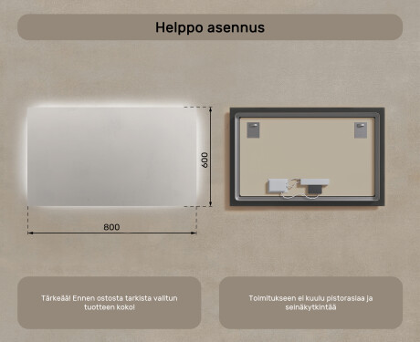 Valaistu kylpyhuoneen peili 60x80/80x60 cm neutraalilla valolla 4500K #6