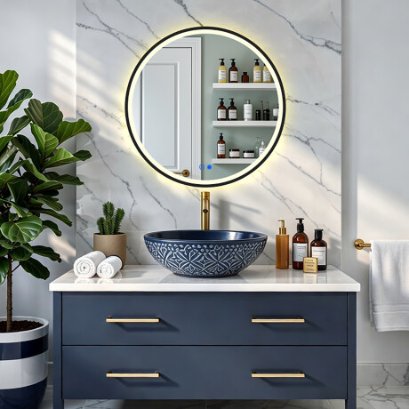 Pyöreä LED-valaistu peili mustassa alumiinikehyksessä #8