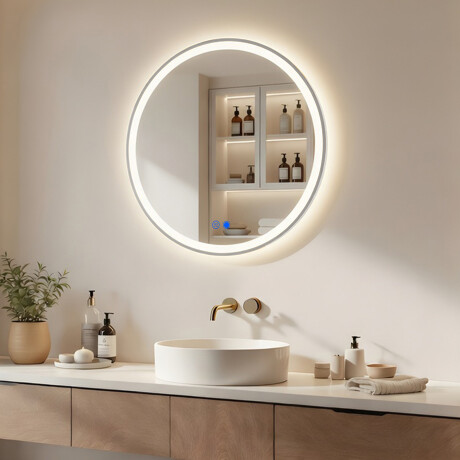 Pyöreä LED-taustavalaistu peili - 60/80 cm hopeanvärisessä alumiinikehyksessä #1