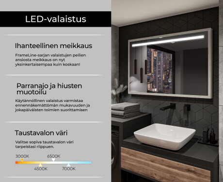 Suorakulmainen LED-kylpyhuoneen peili, jossa FrameLine-kehys L124 #4