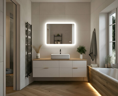 Pyöristetty kylpyhuonepeili LED-valaistuksella, kaksivärinen, kosketuskytkin, lämmitysmatto